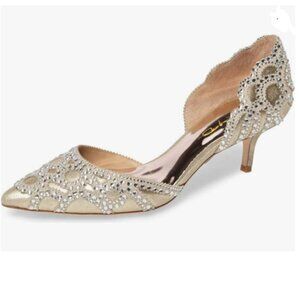 XYD Gold Pointed Toe D'Orsay Kitten Low Heel Rhinestone Studs Slip-On Pumps